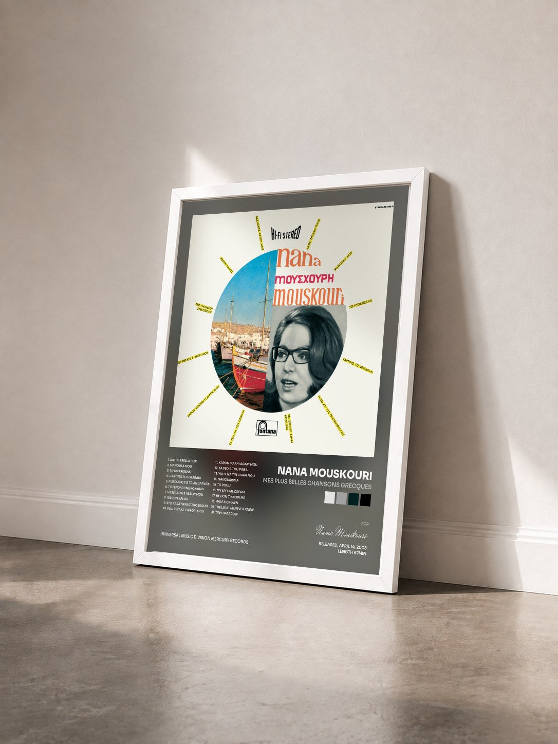 #blanc Tableau de l'album Mes Plus Belles Chansons Grecques de Nana Mouskouri vu de trois quarts, cadre blanc