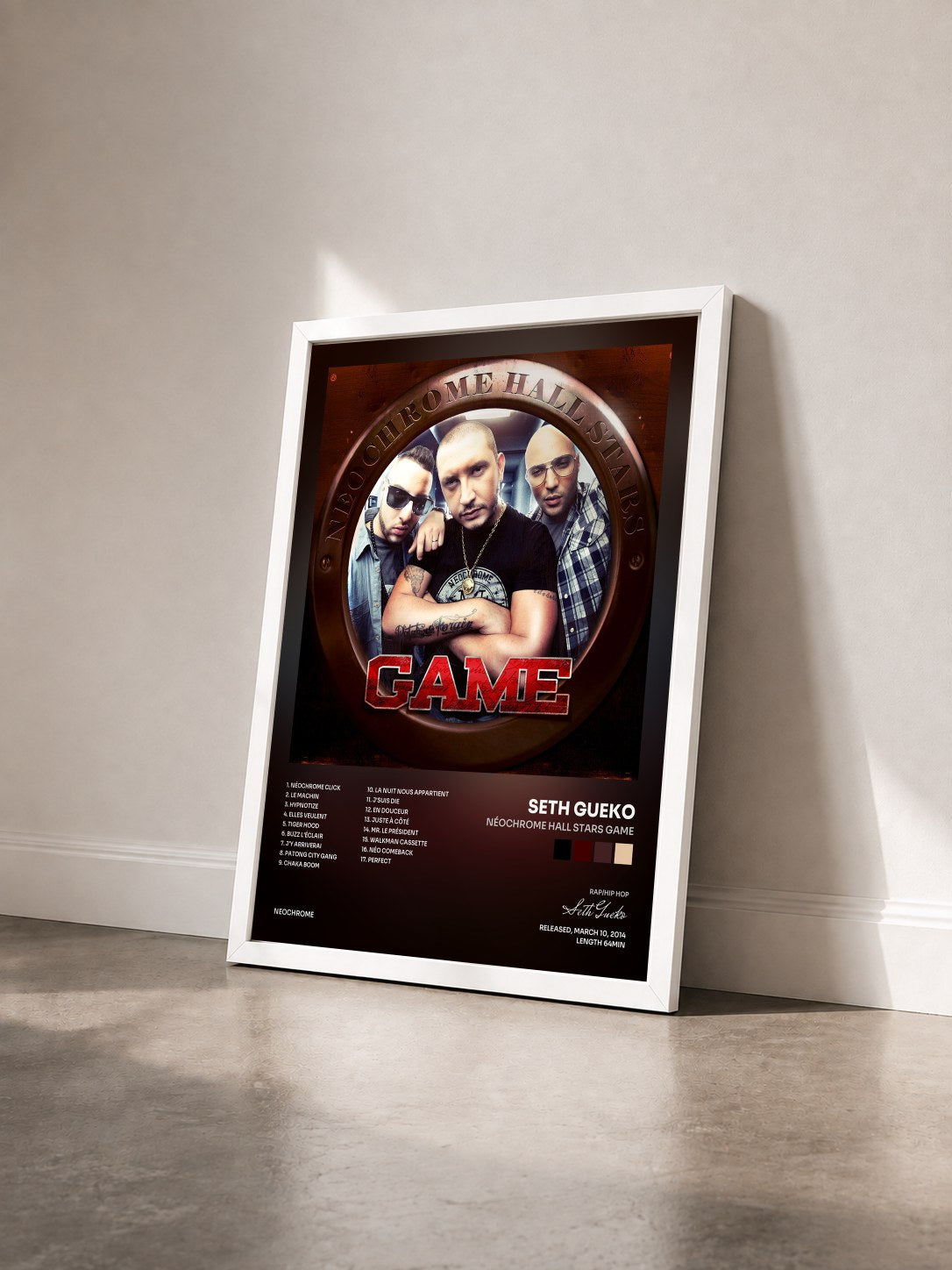 #blanc Tableau de l'album Néochrome Hall Stars Game de Seth Gueko vu de trois quarts, cadre blanc