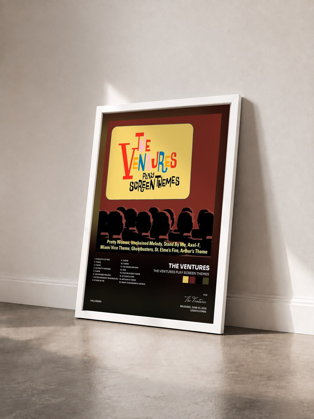 #blanc The Ventures Play Screen Themes by The Ventures as a framed art print seen at an angle, white frame