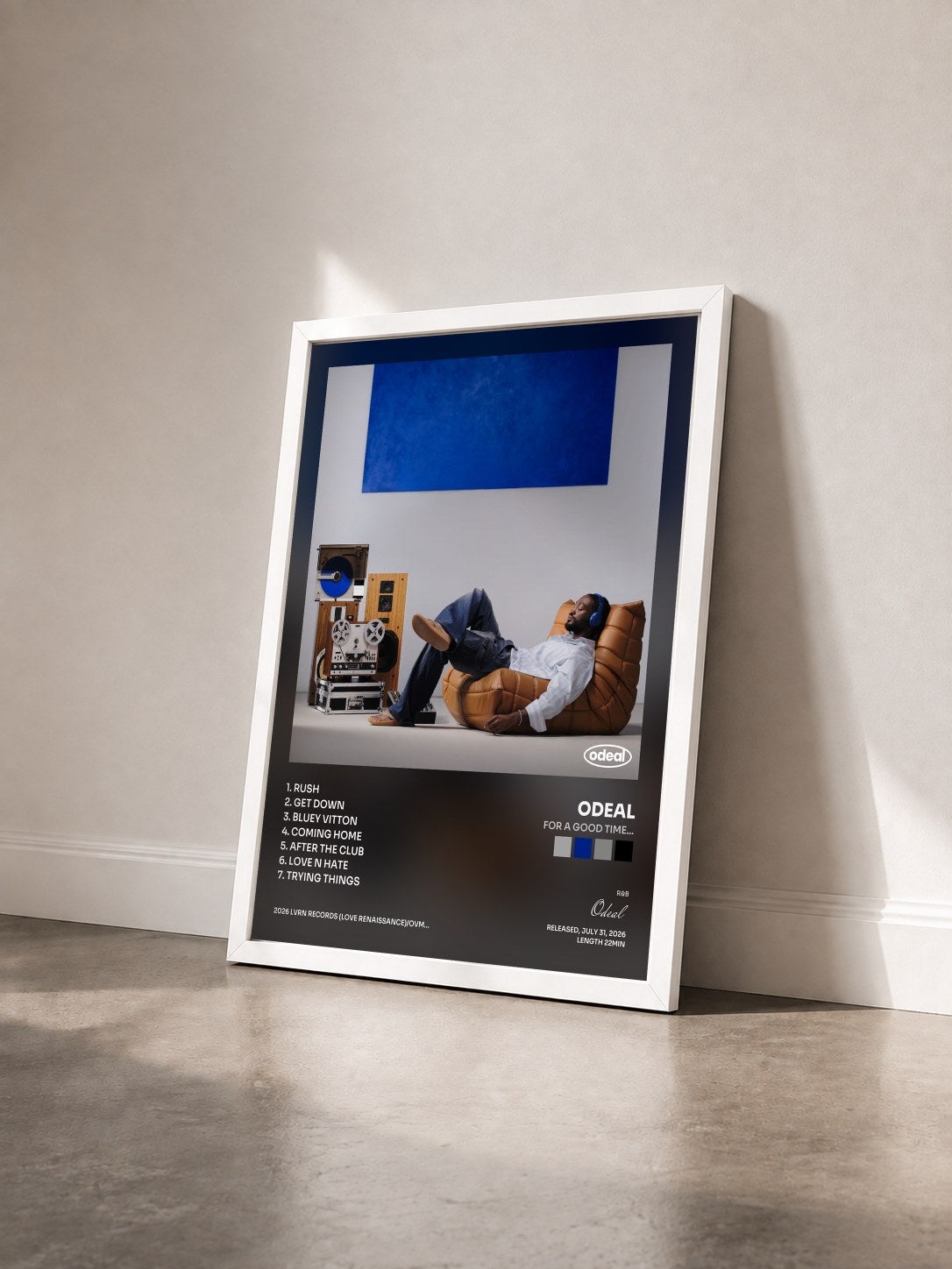 #blanc Tableau de l'album For A Good Time... de Odeal vu de trois quarts, cadre blanc