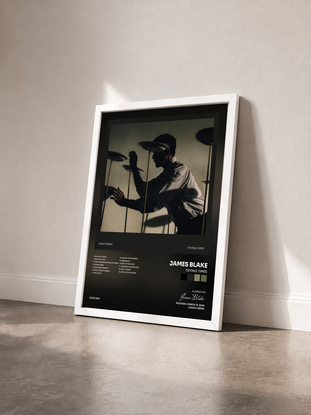 #blanc Tableau de l'album Trying Times de James Blake vu de trois quarts, cadre blanc
