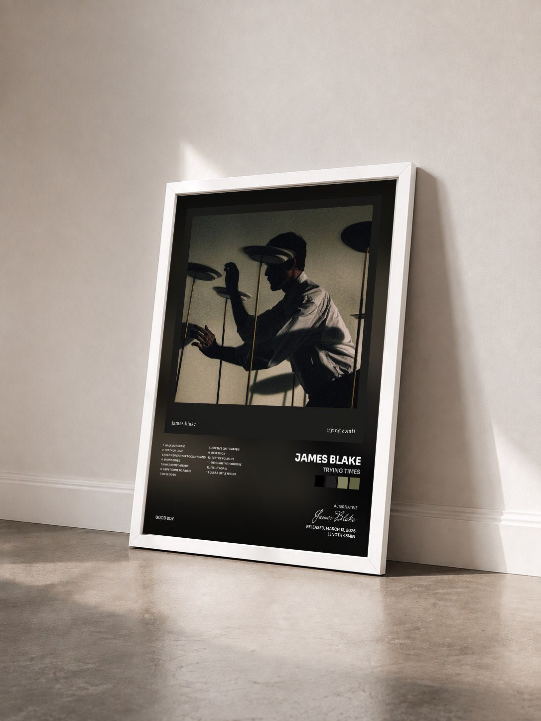 #blanc Tableau de l'album Trying Times de James Blake vu de trois quarts, cadre blanc