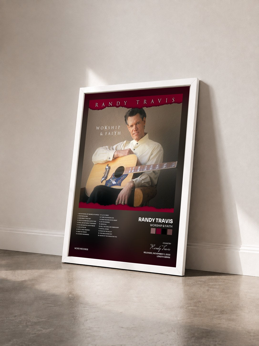 #blanc Tableau de l'album Worship & Faith de Randy Travis vu de trois quarts, cadre blanc