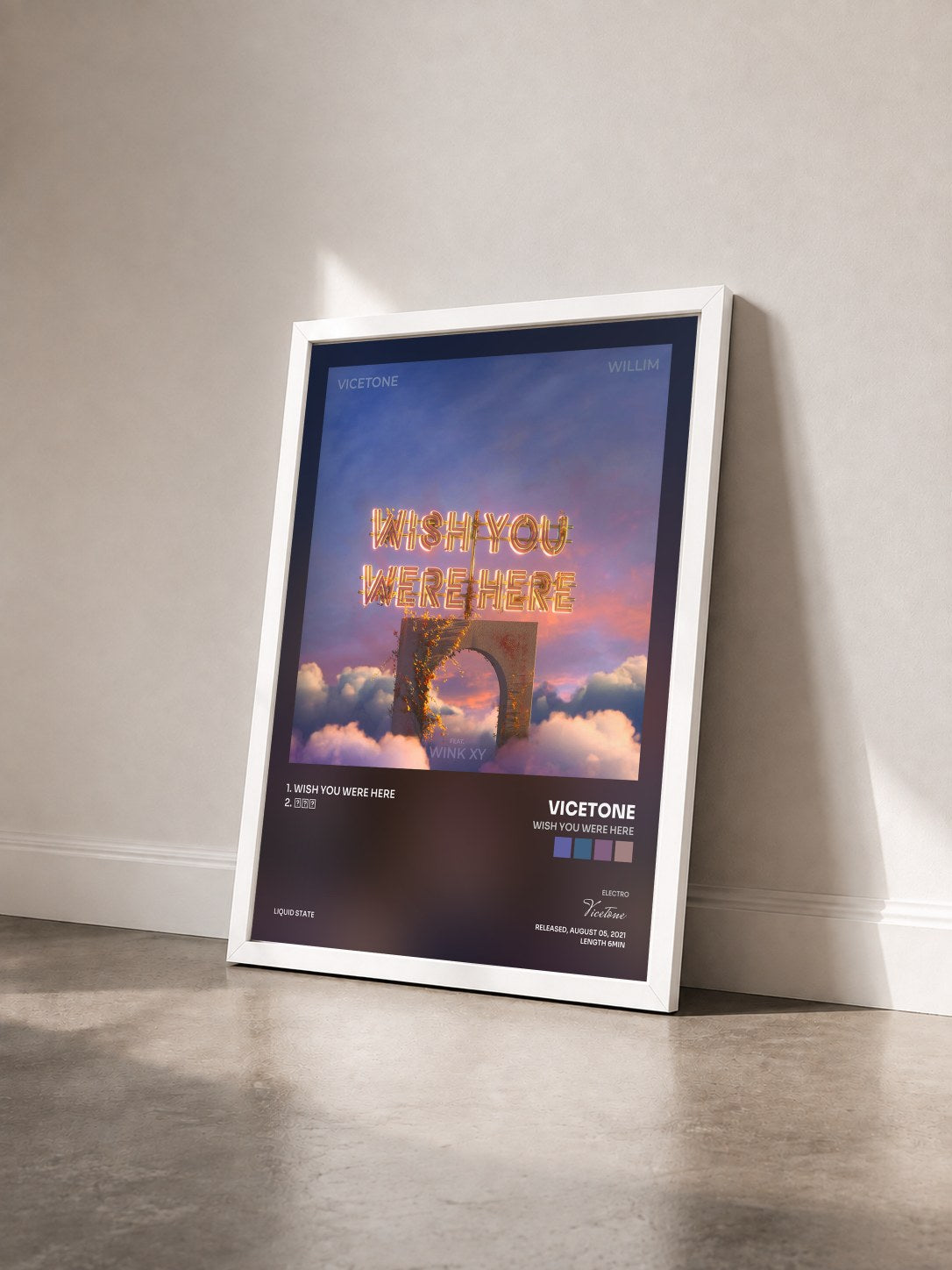 #blanc Tableau de l'album Wish You Were Here de Vicetone vu de trois quarts, cadre blanc