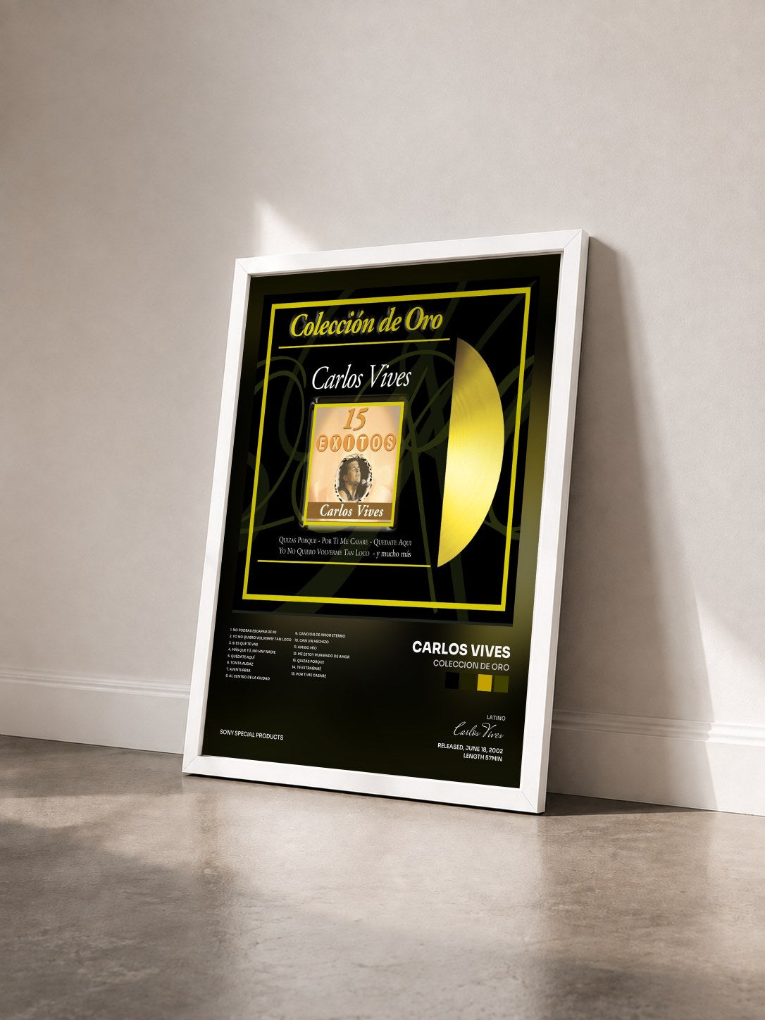 #blanc Tableau de l'album Coleccion de Oro de Carlos Vives vu de trois quarts, cadre blanc