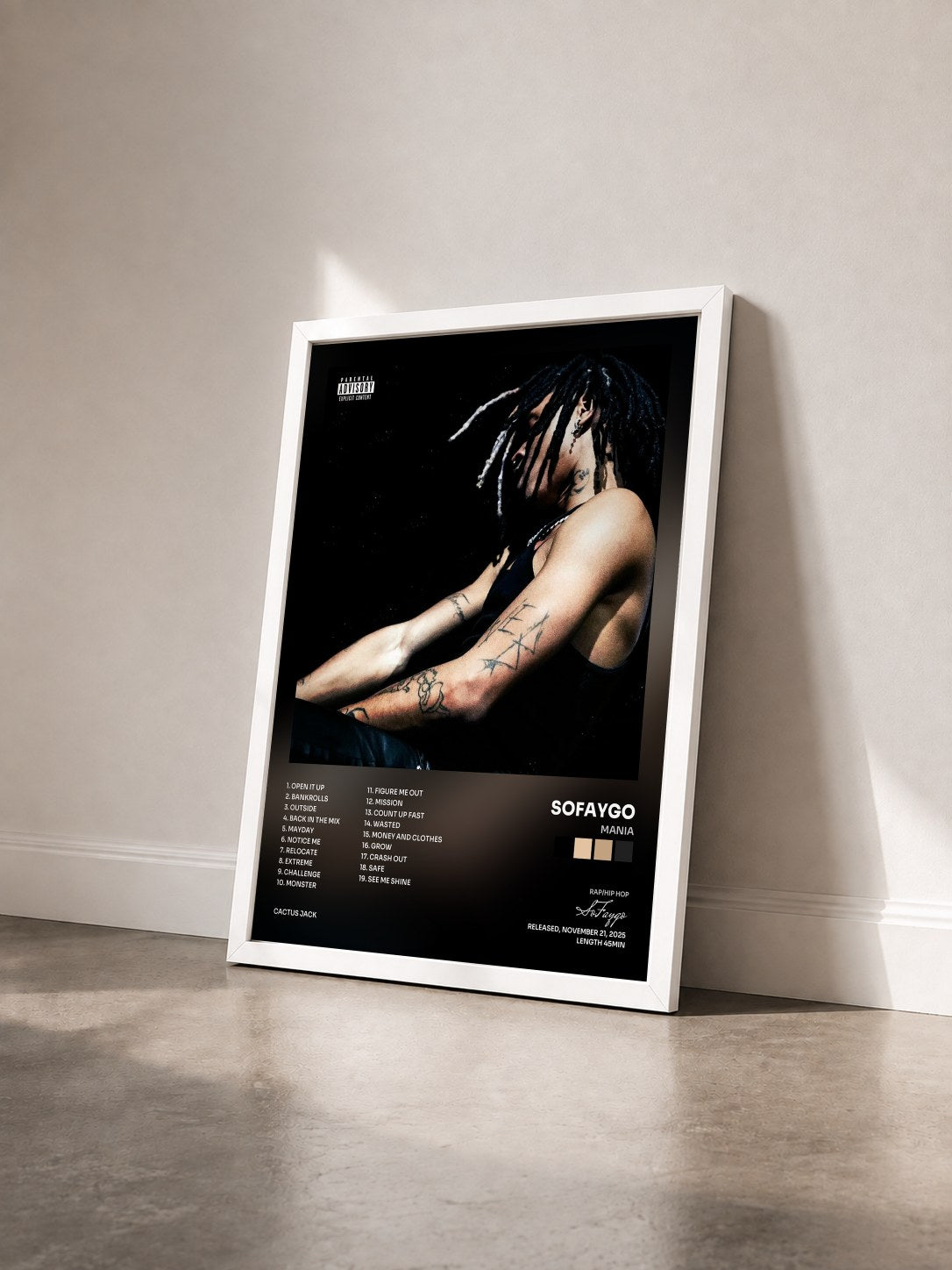 #blanc Tableau de l'album MANIA de SoFaygo vu de trois quarts, cadre blanc