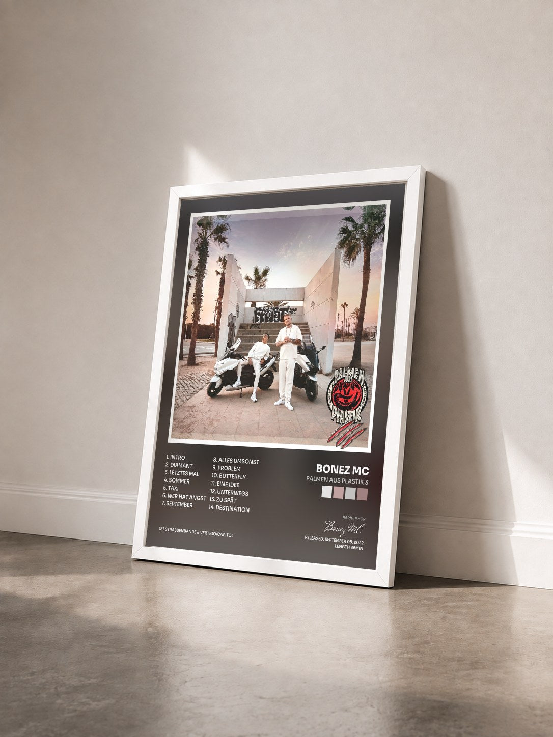 #blanc Tableau de l'album Palmen aus Plastik 3 de Bonez MC vu de trois quarts, cadre blanc