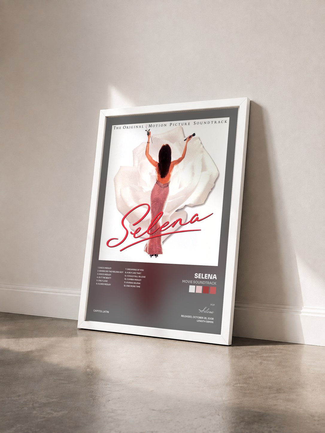 #blanc Tableau de l'album Movie Soundtrack de Selena vu de trois quarts, cadre blanc
