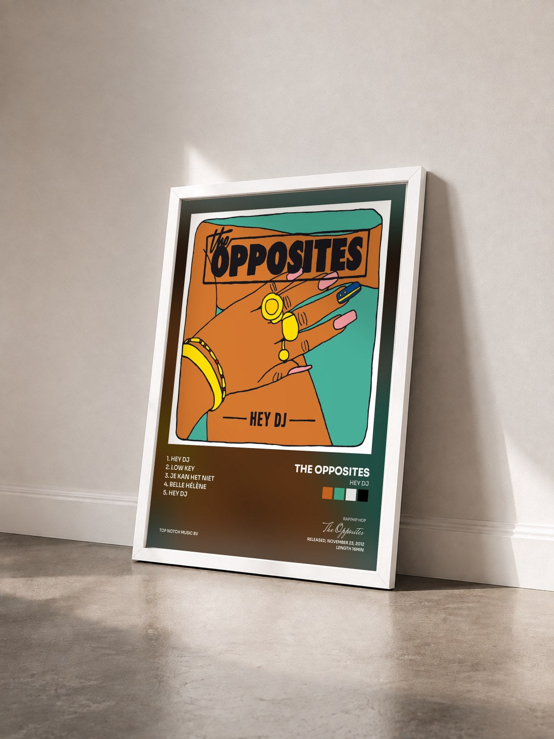 #blanc Tableau de l'album Hey DJ de The Opposites vu de trois quarts, cadre blanc