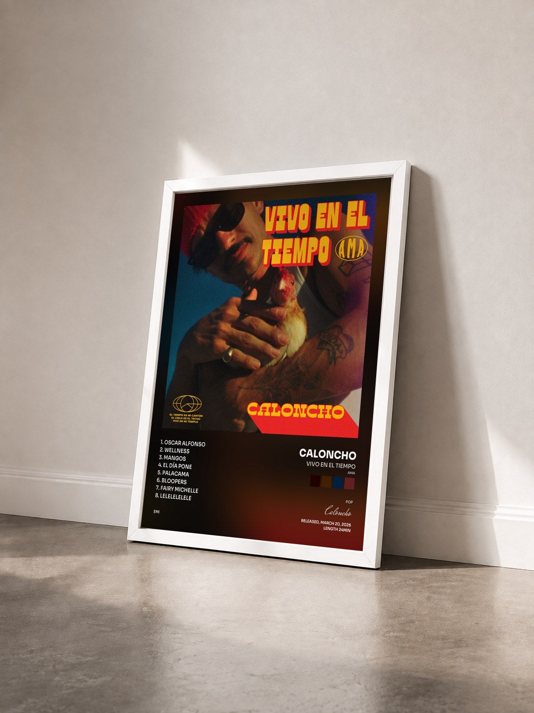 #blanc Tableau de l'album Vivo En El Tiempo (ama) de Caloncho vu de trois quarts, cadre blanc
