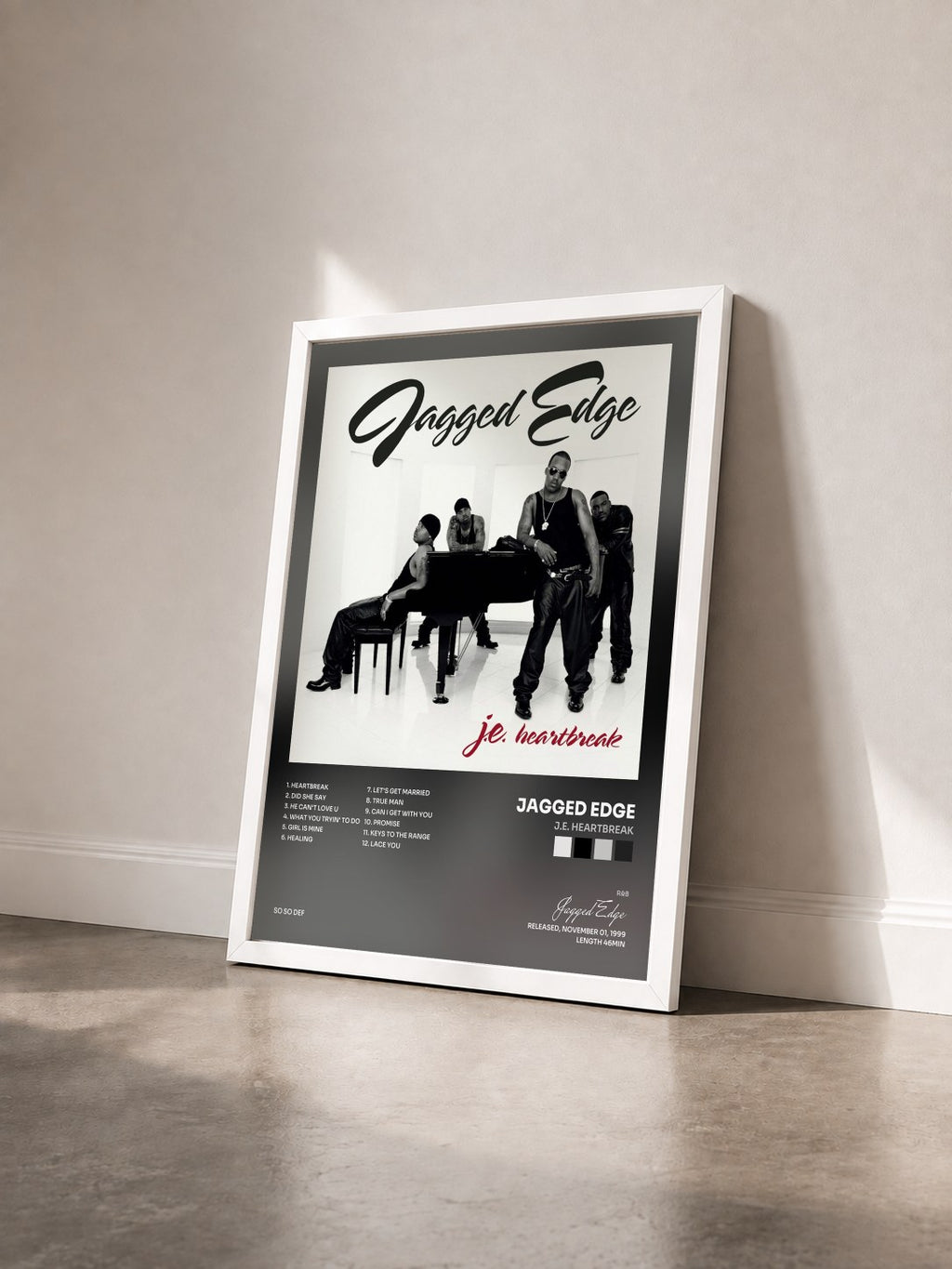 #blanc Tableau de l'album J.E. Heartbreak de Jagged Edge vu de trois quarts, cadre blanc
