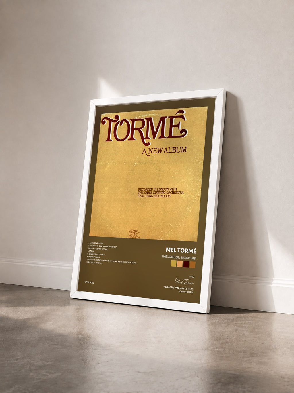 #blanc Tableau de l'album The London Sessions de Mel Tormé vu de trois quarts, cadre blanc