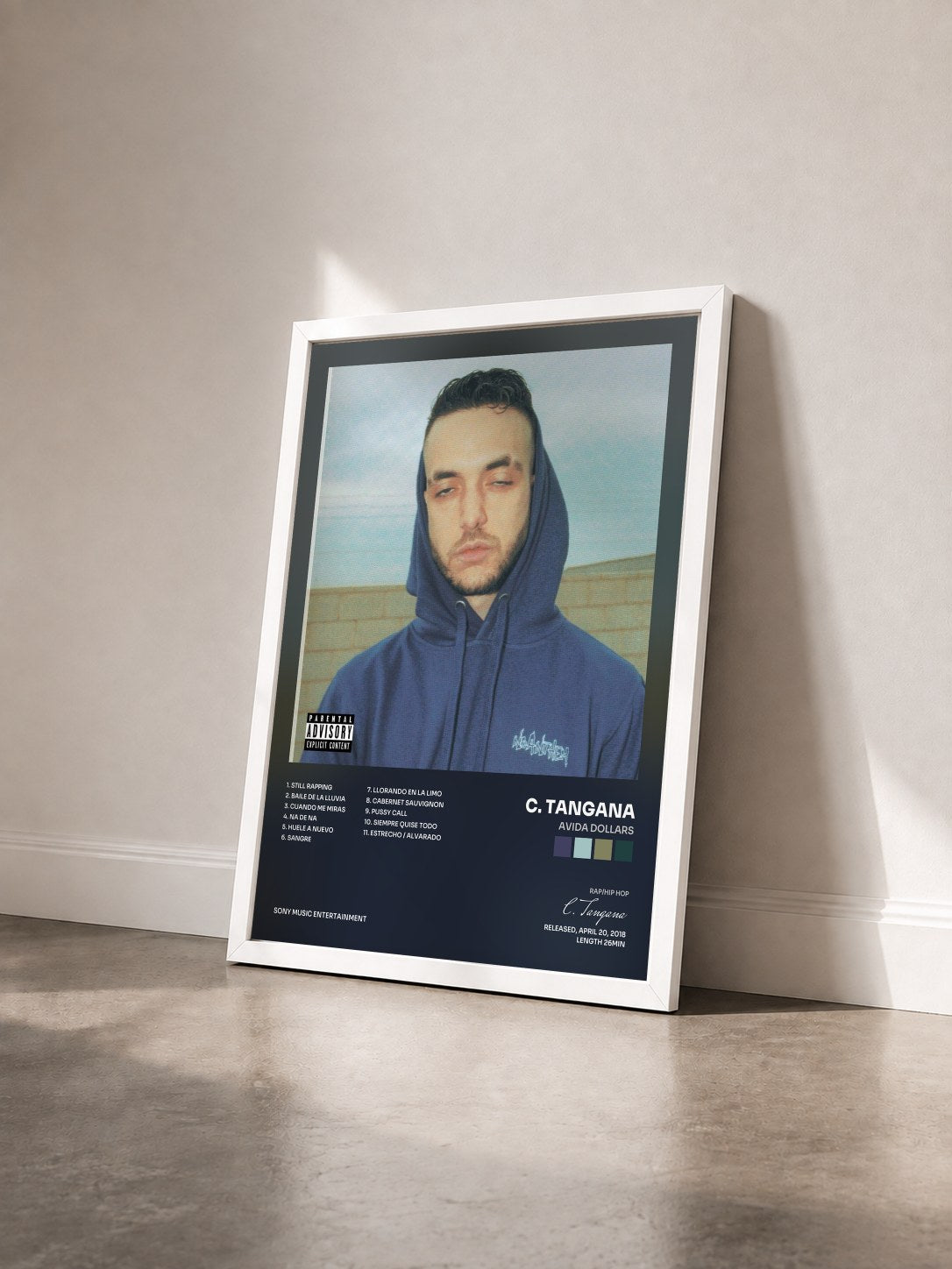 #blanc Tableau de l'album Avida Dollars de C. Tangana vu de trois quarts, cadre blanc