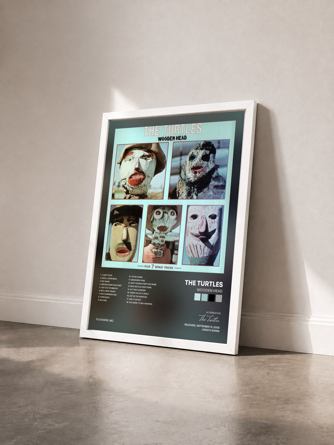 #blanc Tableau de l'album Wooden Head de The Turtles vu de trois quarts, cadre blanc