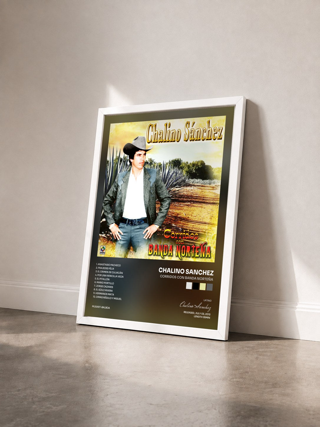 #blanc Tableau de l'album Corridos Con Banda Norteña de Chalino Sanchez vu de trois quarts, cadre blanc