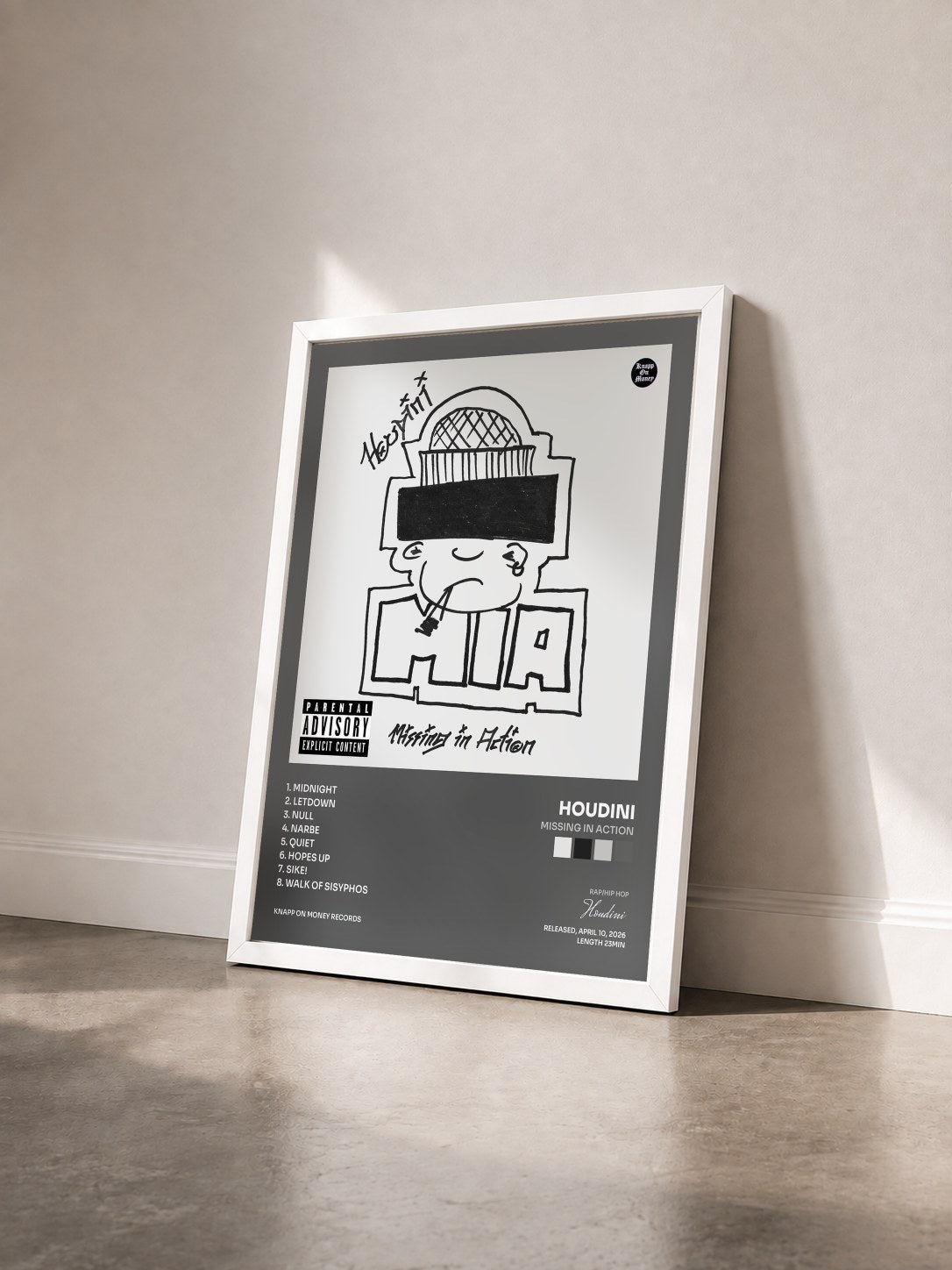 #blanc Tableau de l'album Missing in Action de Houdini vu de trois quarts, cadre blanc