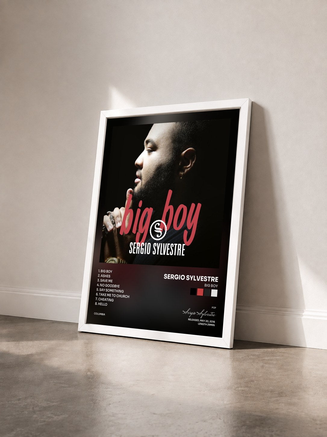 #blanc Tableau de l'album Big Boy de Sergio Sylvestre vu de trois quarts, cadre blanc
