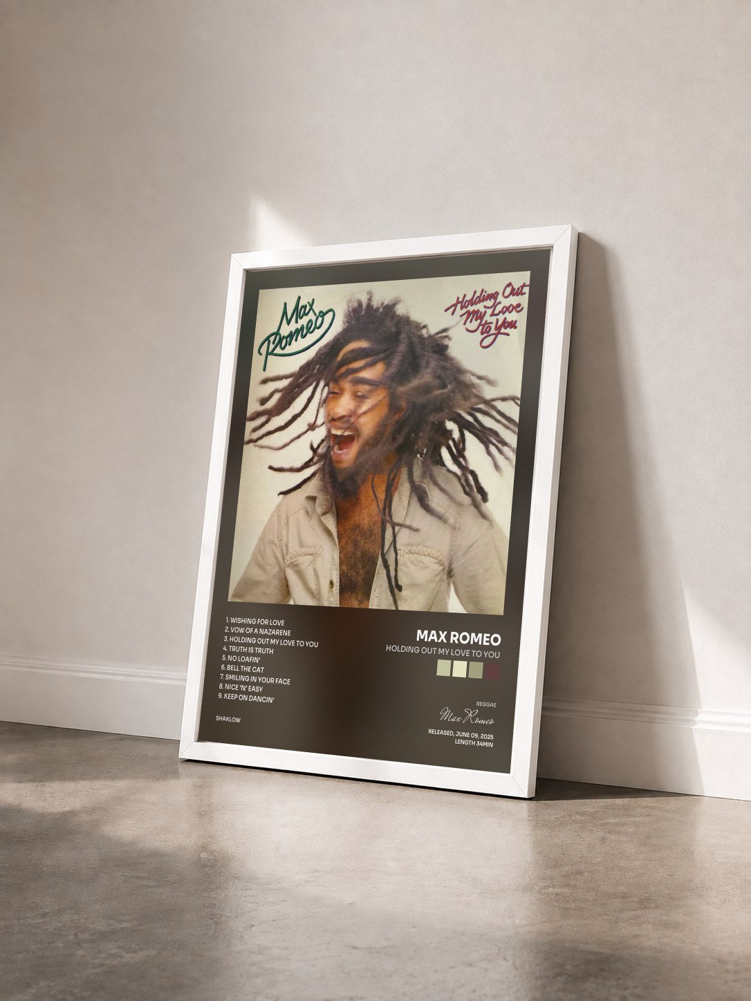 #blanc Tableau de l'album Holding Out My Love To You de Max Romeo vu de trois quarts, cadre blanc