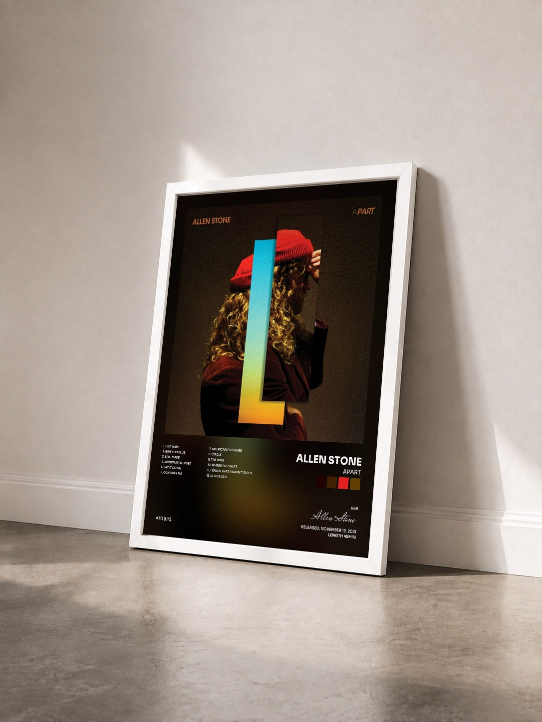 #blanc Tableau de l'album APART de Allen Stone vu de trois quarts, cadre blanc