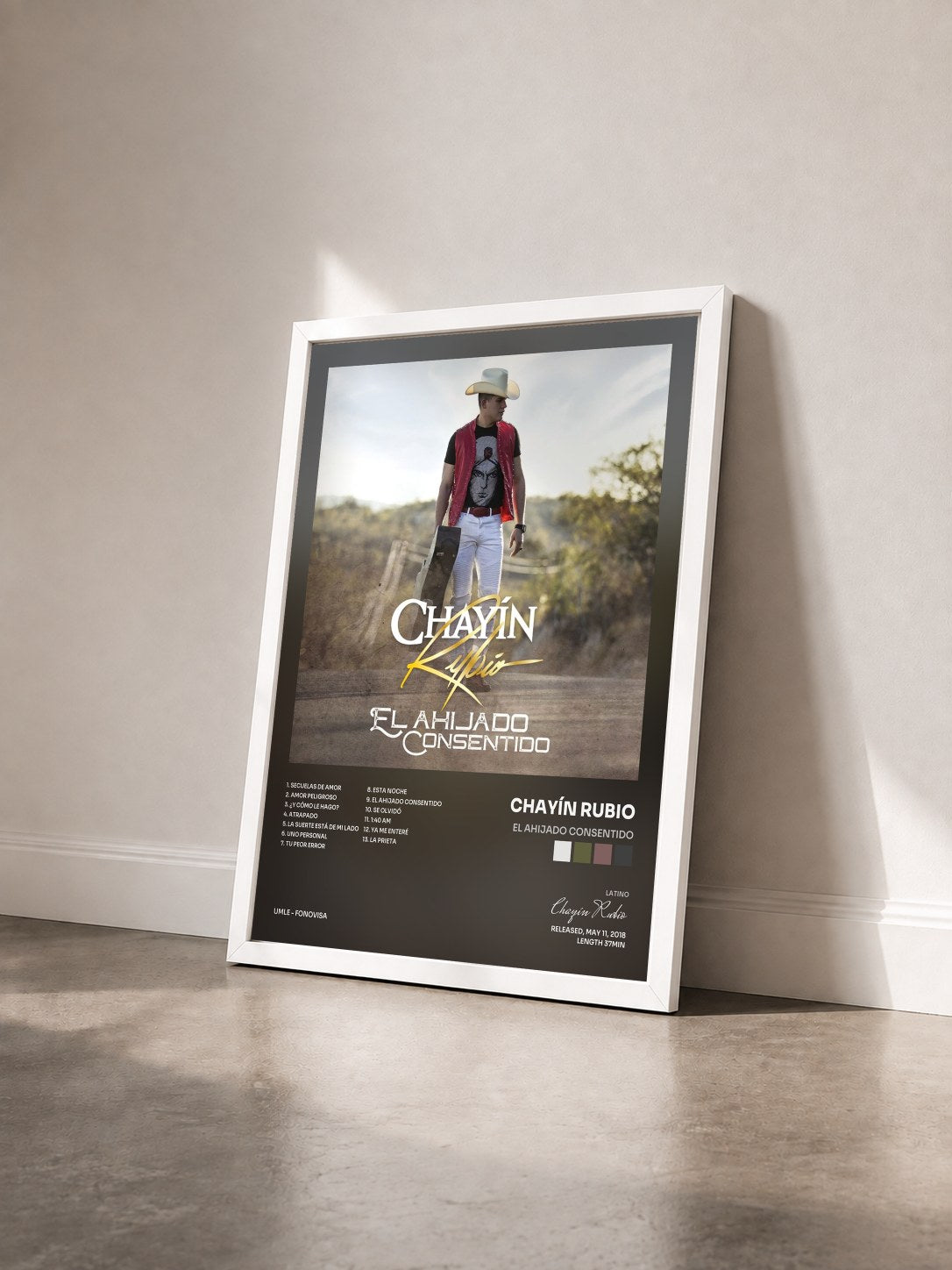 #blanc Tableau de l'album El Ahijado Consentido de Chayín Rubio vu de trois quarts, cadre blanc