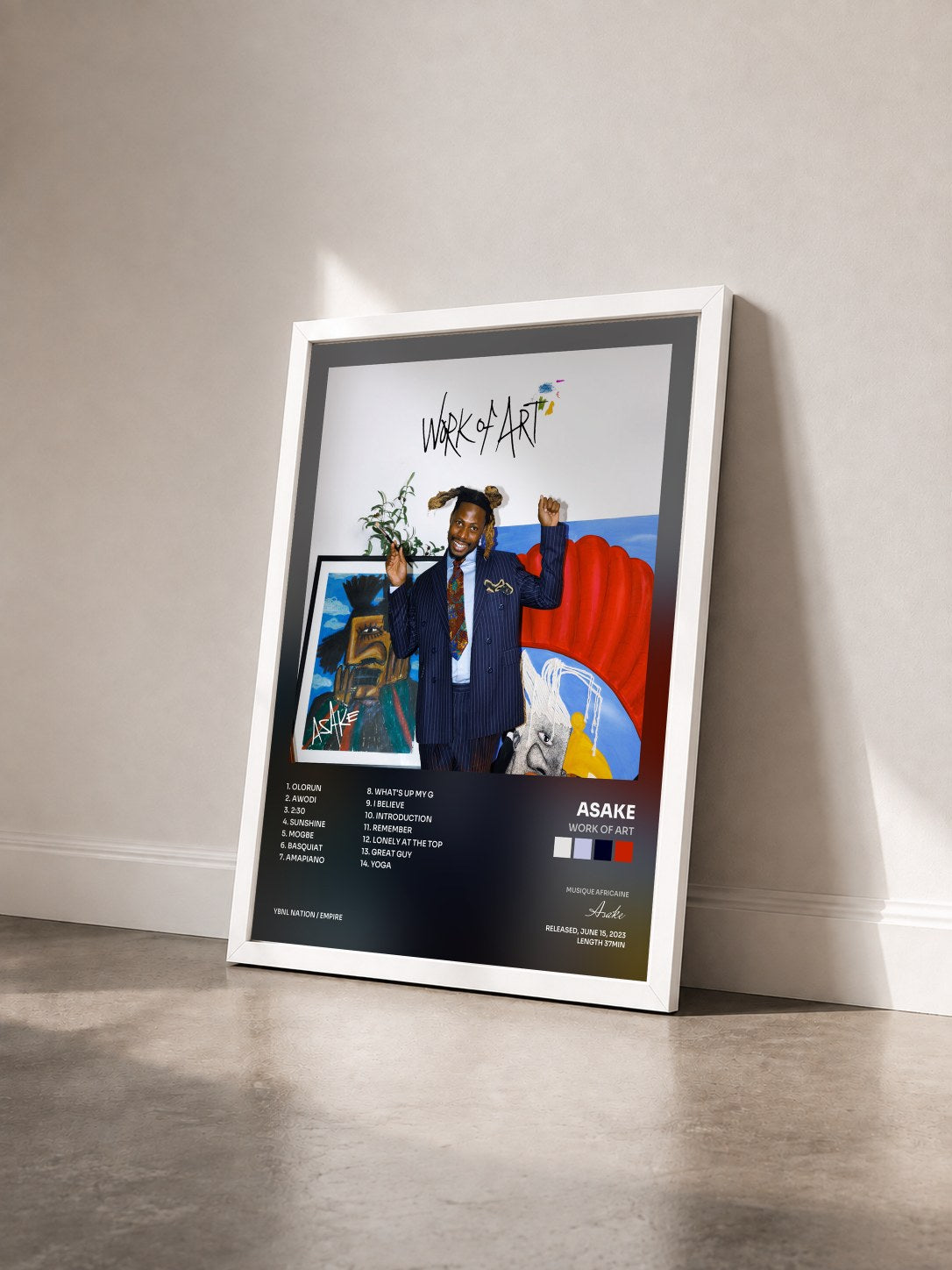 #blanc Tableau de l'album Work Of Art de Asake vu de trois quarts, cadre blanc