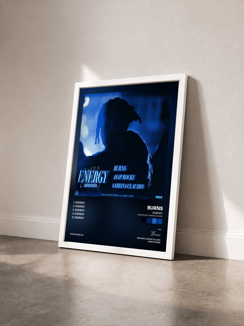 #blanc Energy (Remixes) (feat. Sabrina Claudio) by Burns as a framed art print seen at an angle, white frame