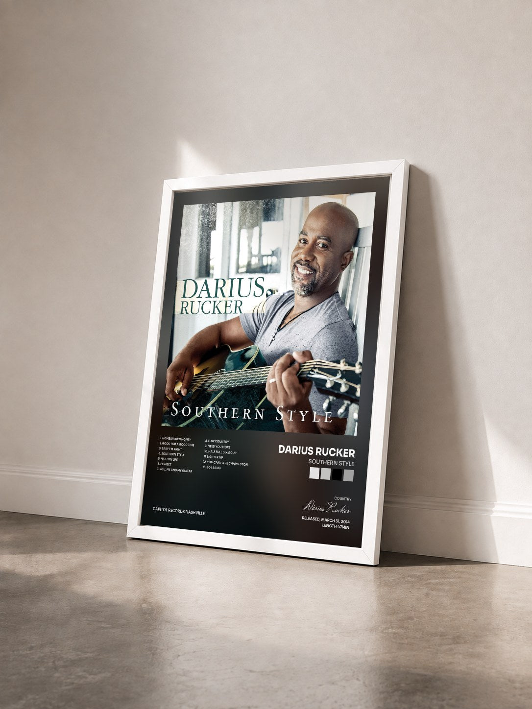 #blanc Tableau de l'album Southern Style de Darius Rucker vu de trois quarts, cadre blanc