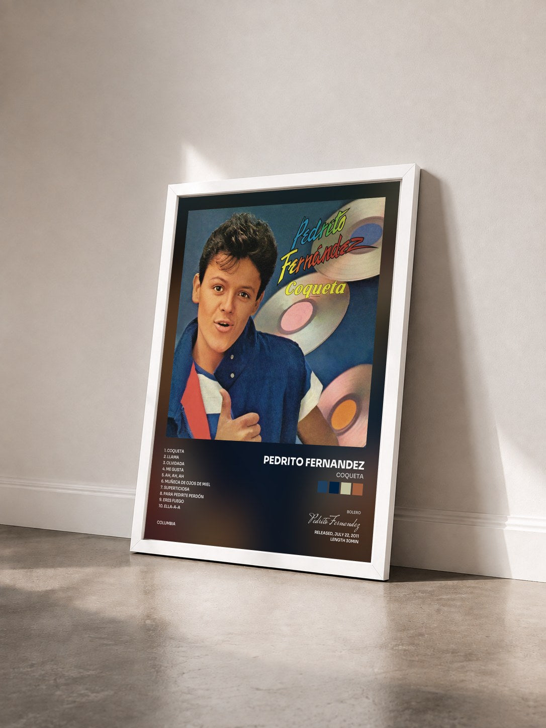 #blanc Tableau de l'album Coqueta de Pedrito Fernandez vu de trois quarts, cadre blanc