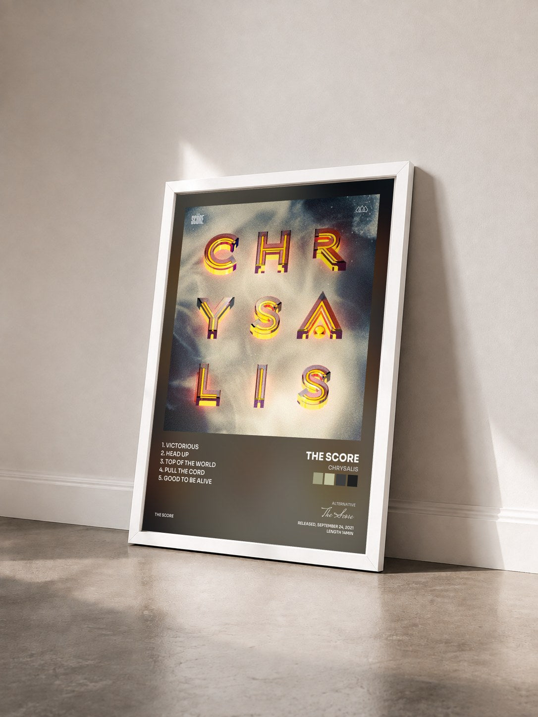 #blanc Tableau de l'album Chrysalis de The Score vu de trois quarts, cadre blanc