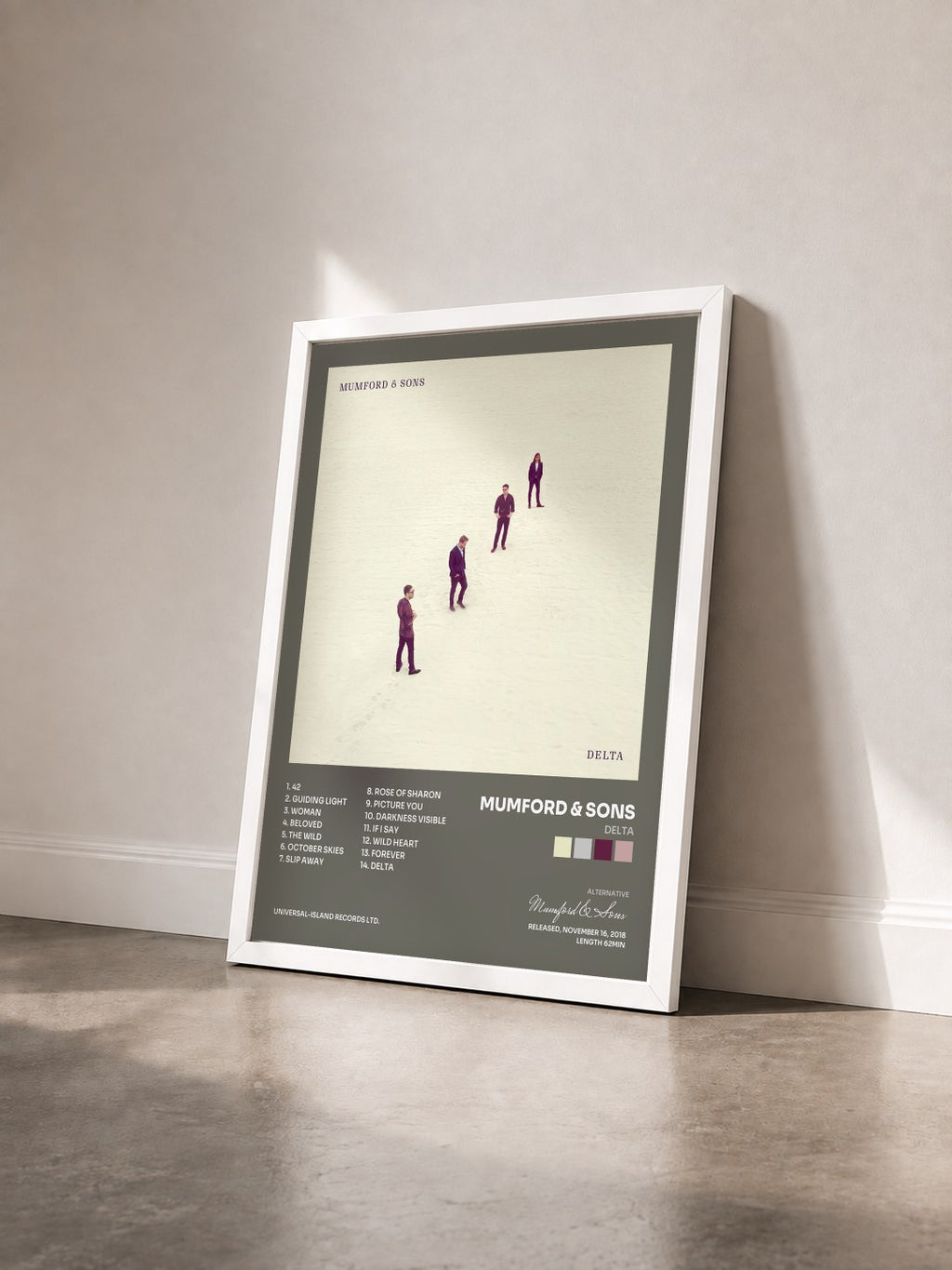 #blanc Tableau de l'album Delta de Mumford & Sons vu de trois quarts, cadre blanc