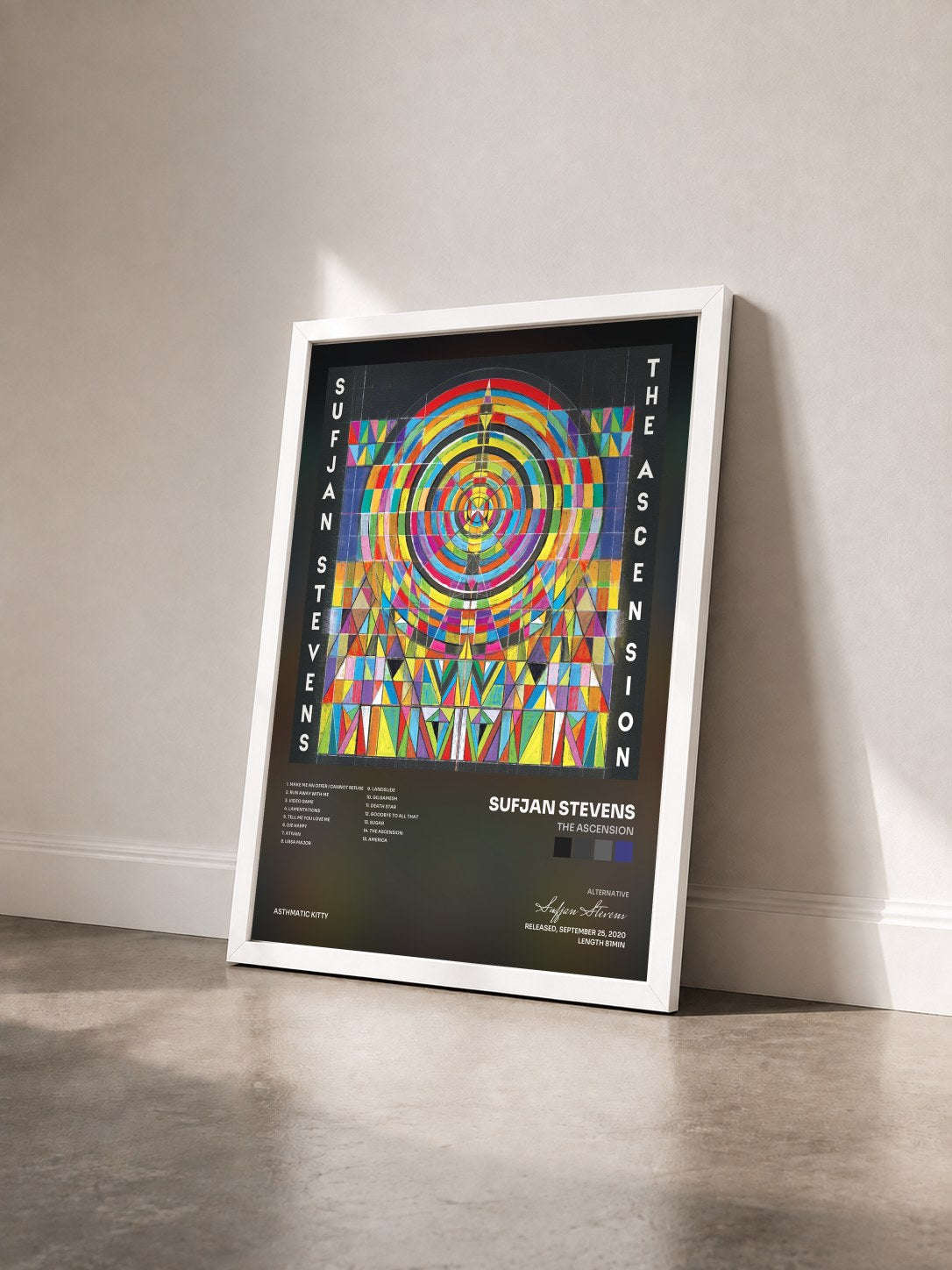 #blanc Tableau de l'album The Ascension de Sufjan Stevens vu de trois quarts, cadre blanc