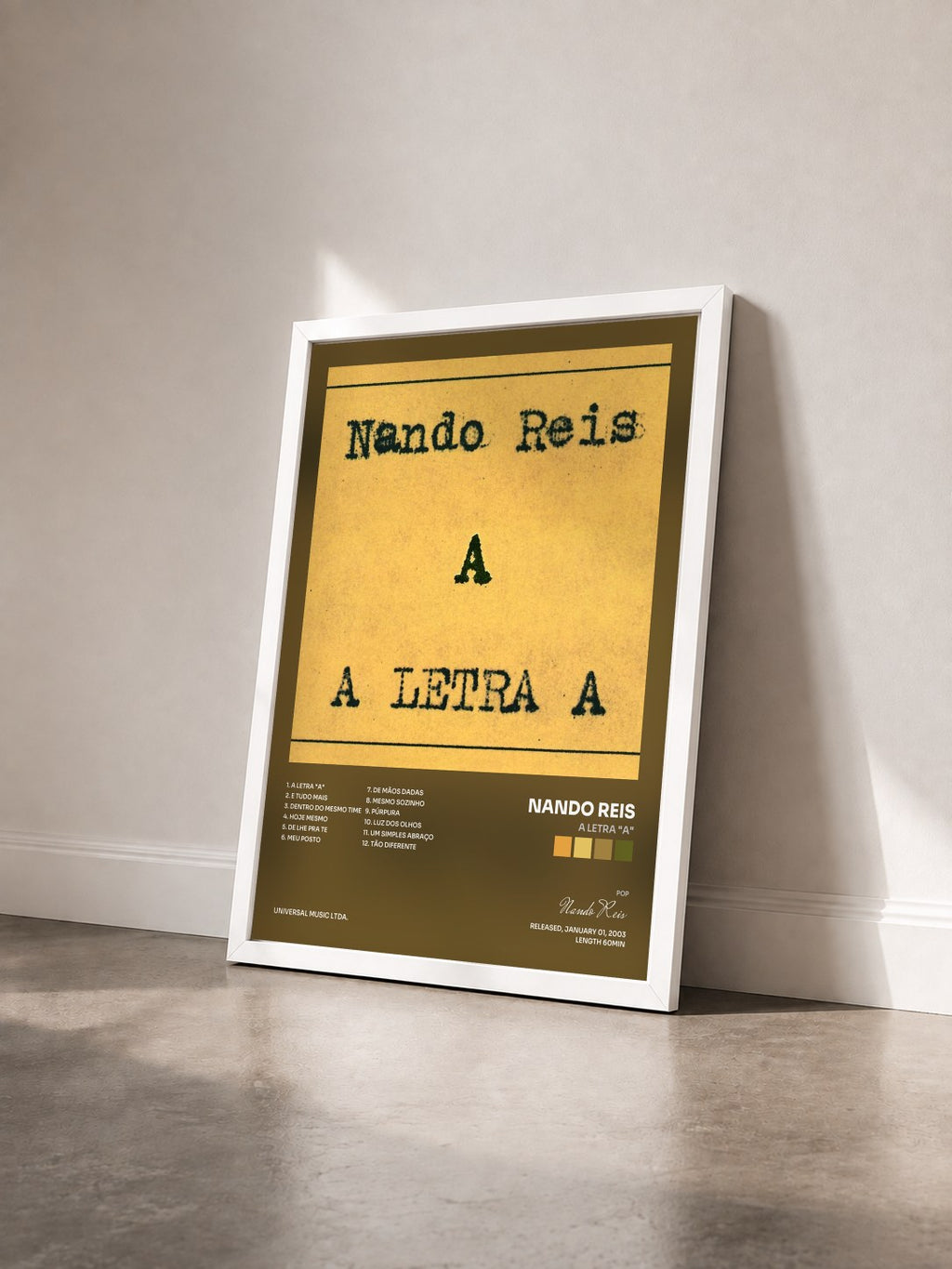 #blanc Tableau de l'album A Letra "A" de Nando Reis vu de trois quarts, cadre blanc