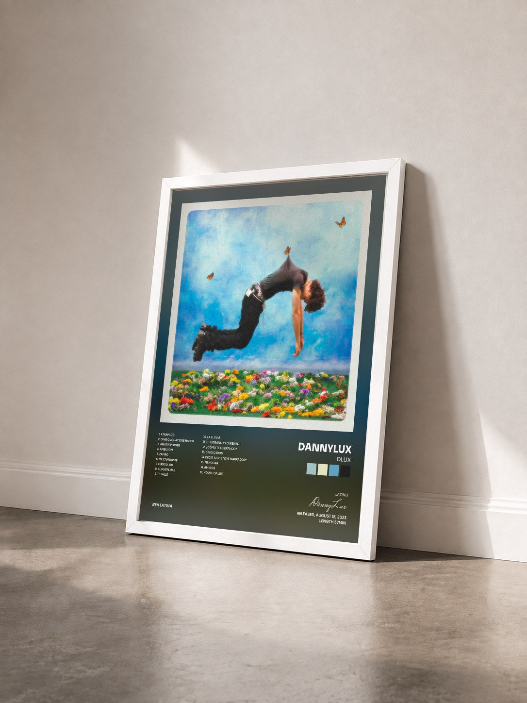 #blanc Tableau de l'album DLUX de DannyLux vu de trois quarts, cadre blanc