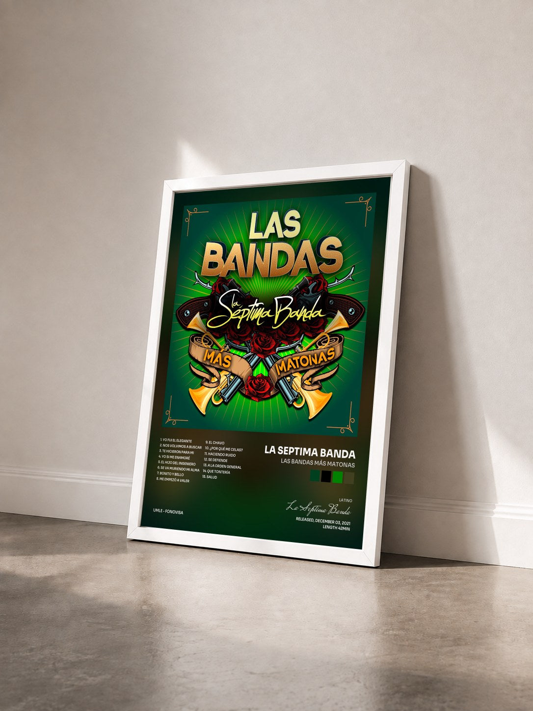 #blanc Tableau de l'album Las Bandas Más Matonas de La Septima Banda vu de trois quarts, cadre blanc