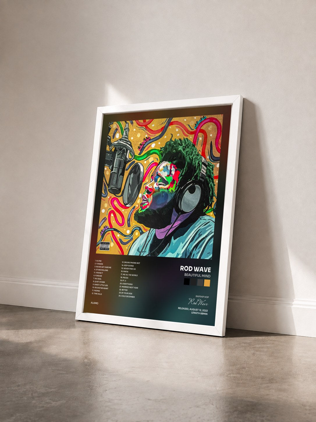 #blanc Tableau de l'album Beautiful Mind de Rod Wave vu de trois quarts, cadre blanc