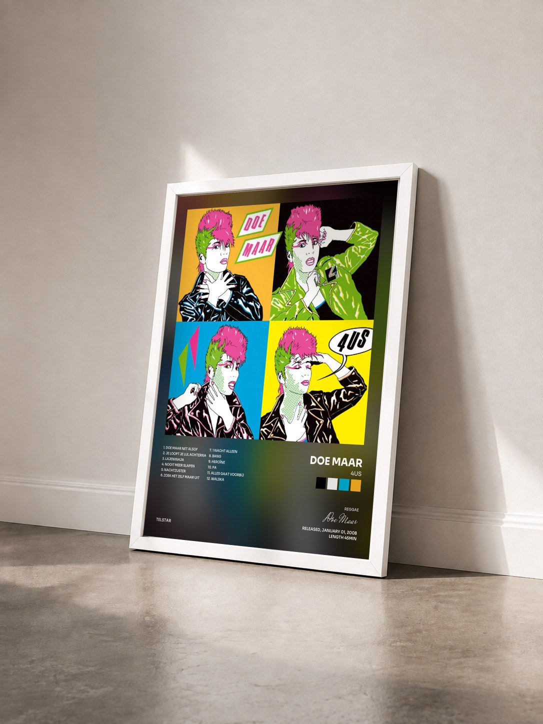 #blanc Tableau de l'album 4us de Doe Maar vu de trois quarts, cadre blanc