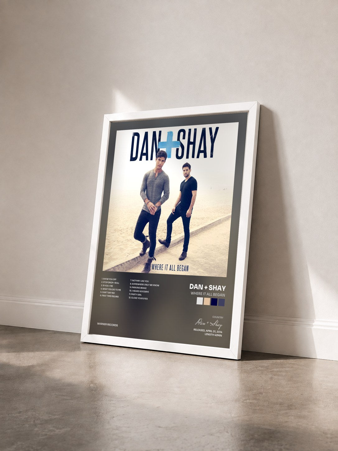 #blanc Tableau de l'album Where It All Began de Dan + Shay vu de trois quarts, cadre blanc