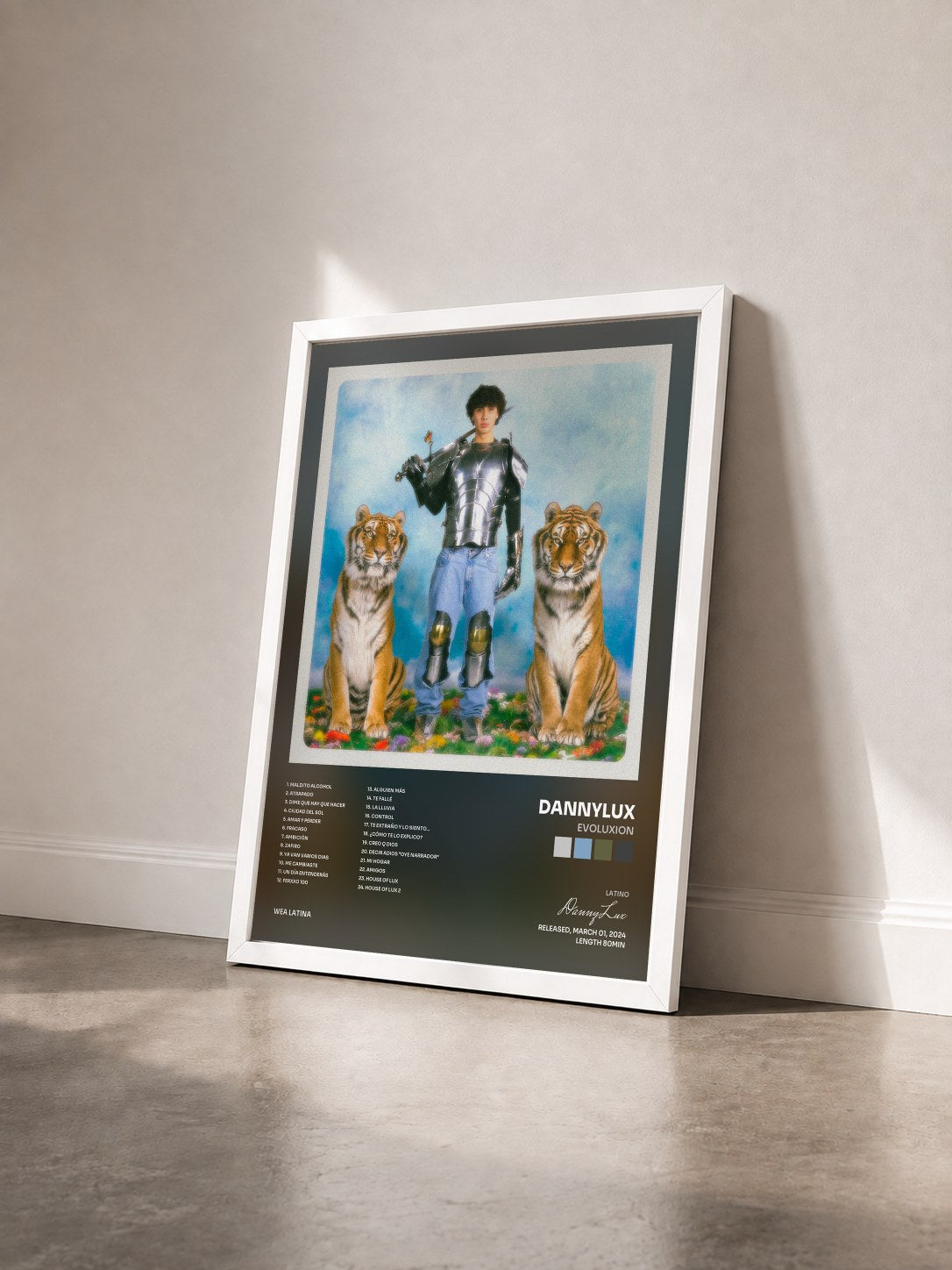 #blanc Tableau de l'album EVOLUXION de DannyLux vu de trois quarts, cadre blanc