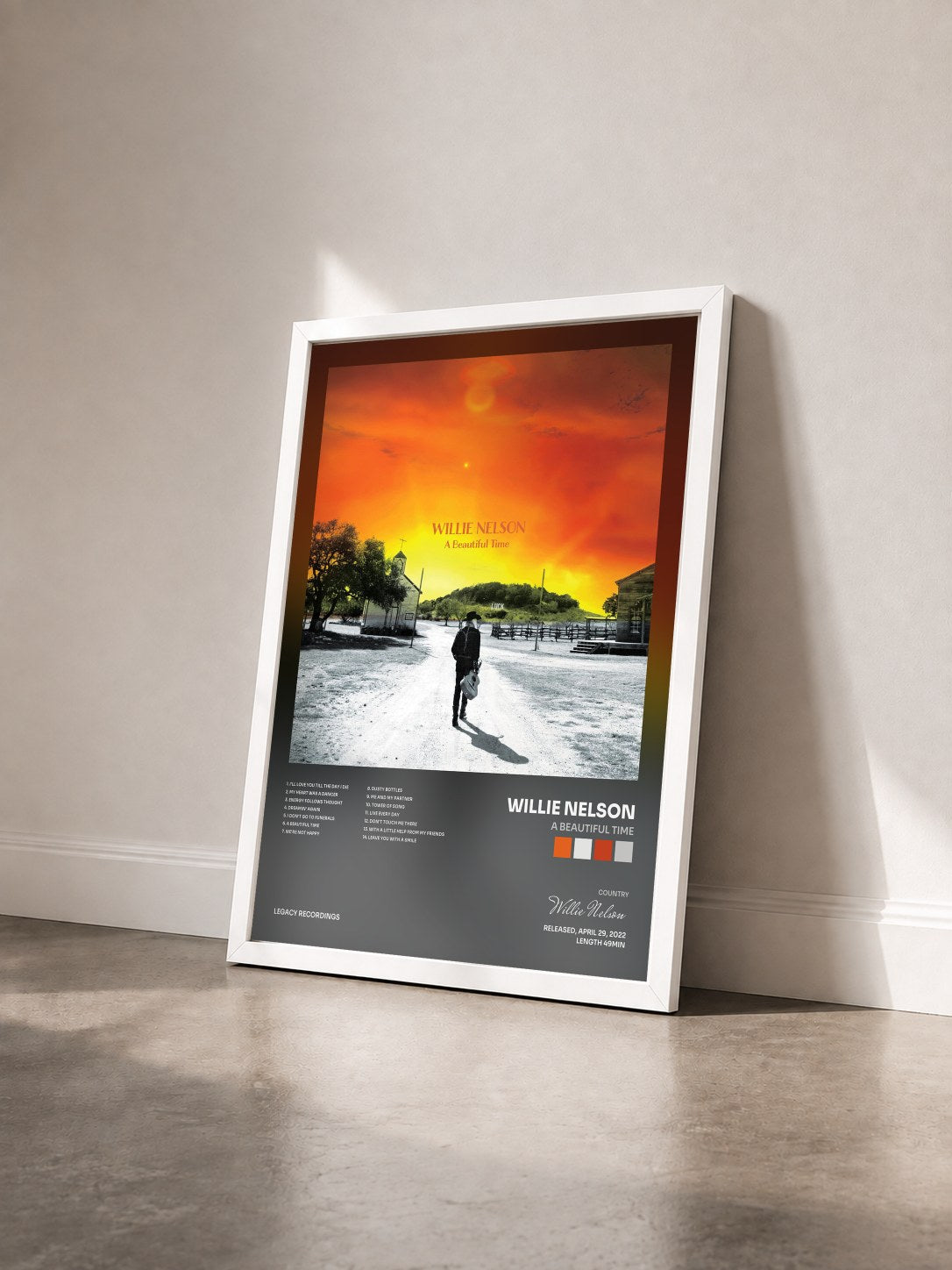#blanc Tableau de l'album A Beautiful Time de Willie Nelson vu de trois quarts, cadre blanc