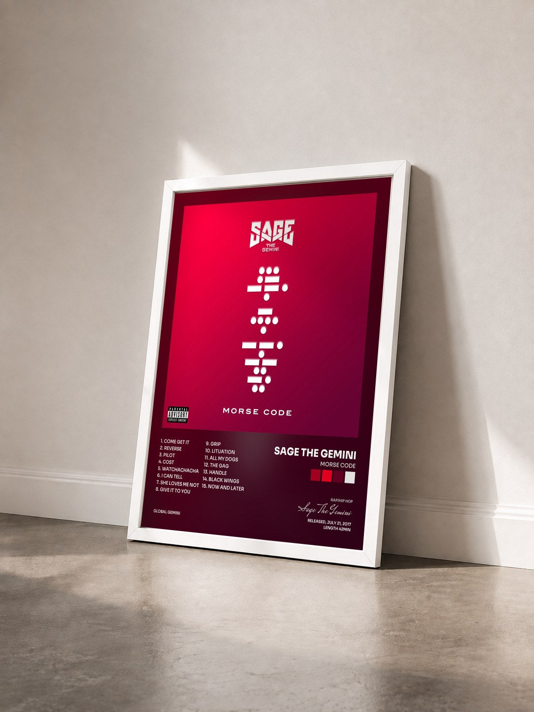 #blanc Tableau de l'album Morse Code de Sage The Gemini vu de trois quarts, cadre blanc