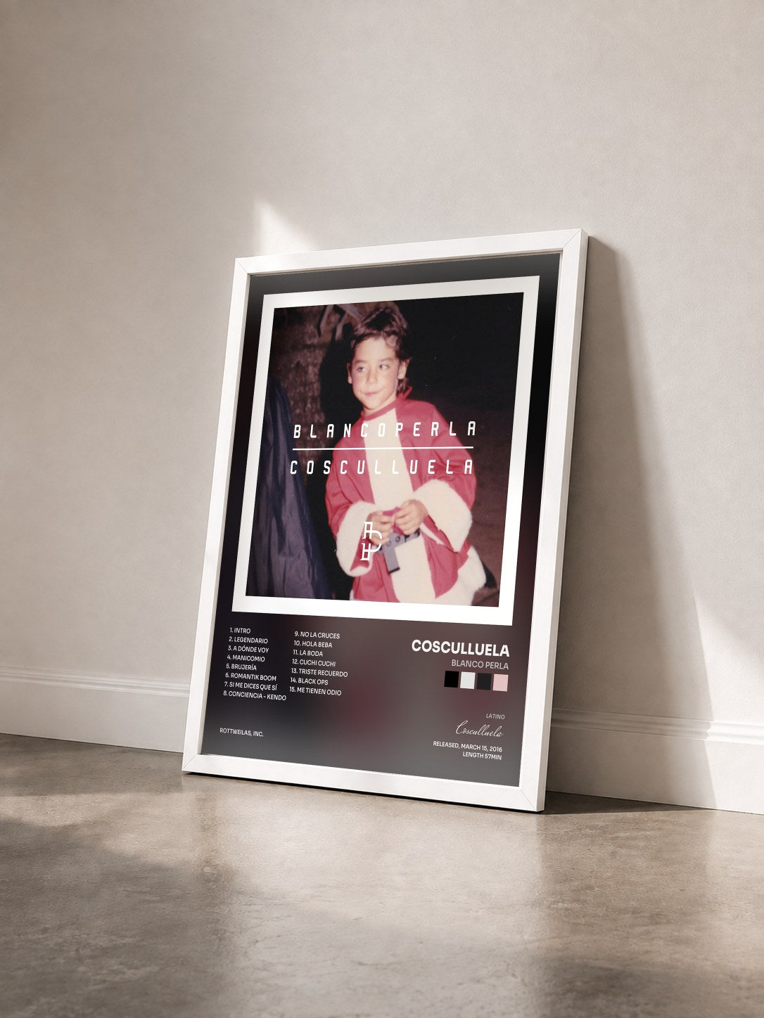 #blanc Tableau de l'album Blanco Perla de Cosculluela vu de trois quarts, cadre blanc
