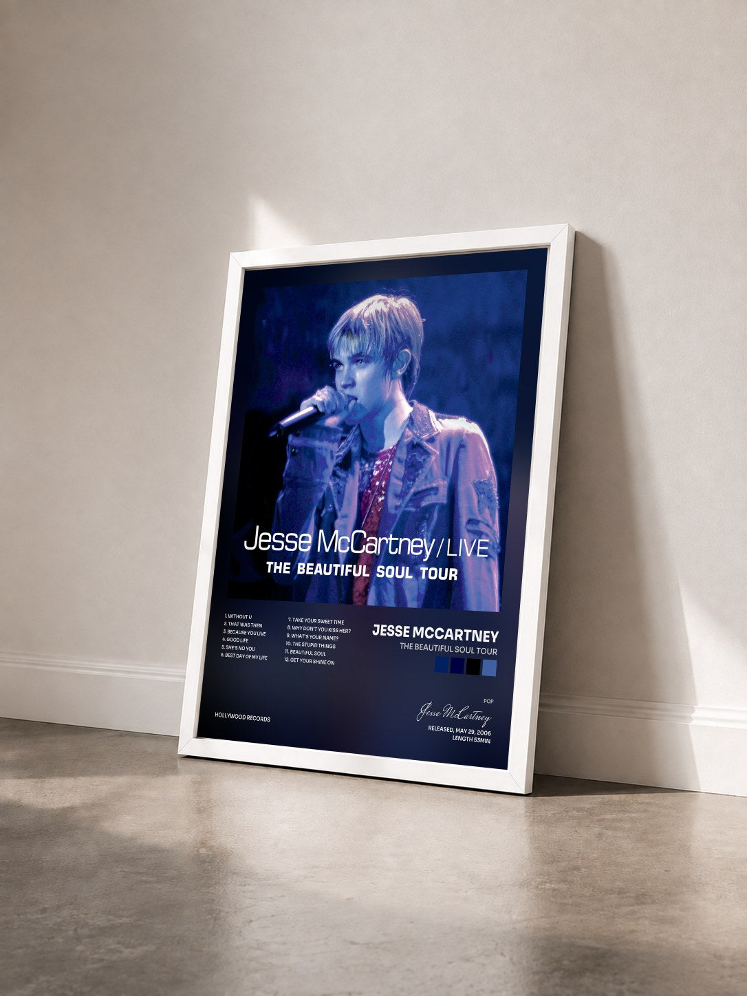 #blanc Tableau de l'album The Beautiful Soul Tour de Jesse McCartney vu de trois quarts, cadre blanc