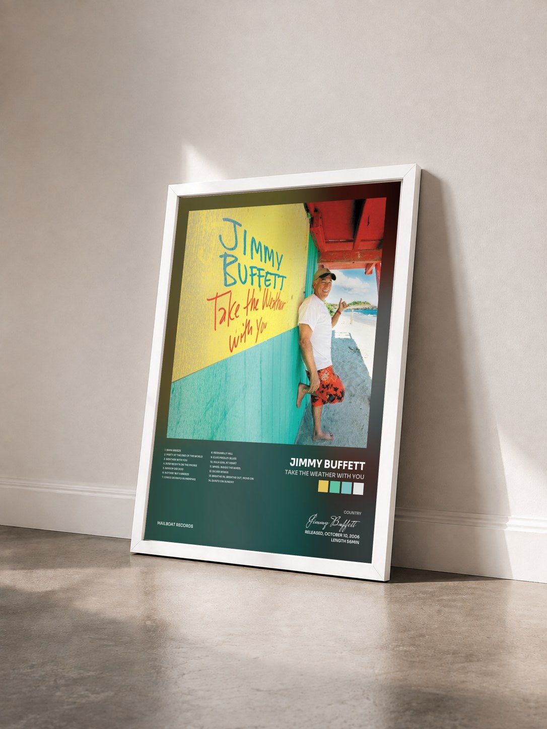 #blanc Tableau de l'album Take the Weather with You de Jimmy Buffett vu de trois quarts, cadre blanc