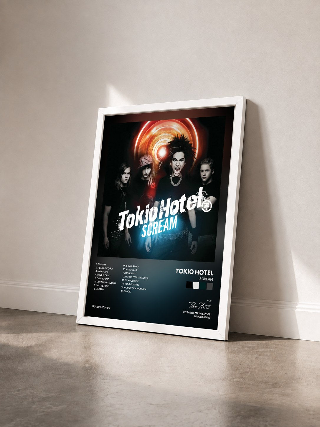 #blanc Tableau de l'album Scream de Tokio Hotel vu de trois quarts, cadre blanc