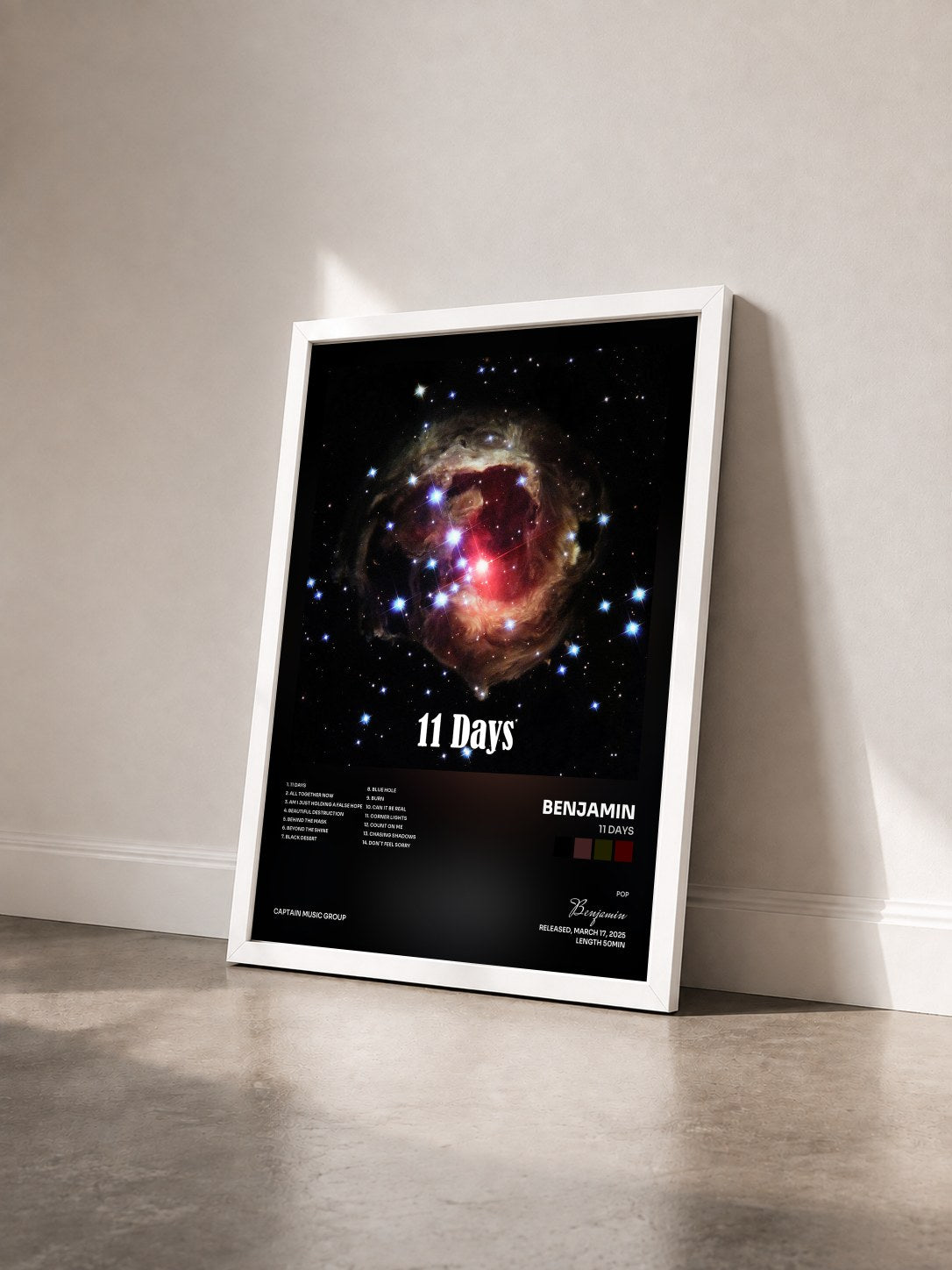 #blanc Tableau de l'album 11 Days de Benjamin vu de trois quarts, cadre blanc