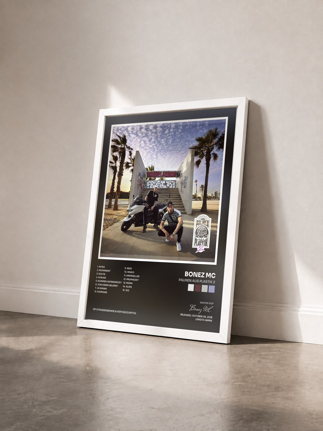 #blanc Tableau de l'album Palmen aus Plastik 2 de Bonez MC vu de trois quarts, cadre blanc