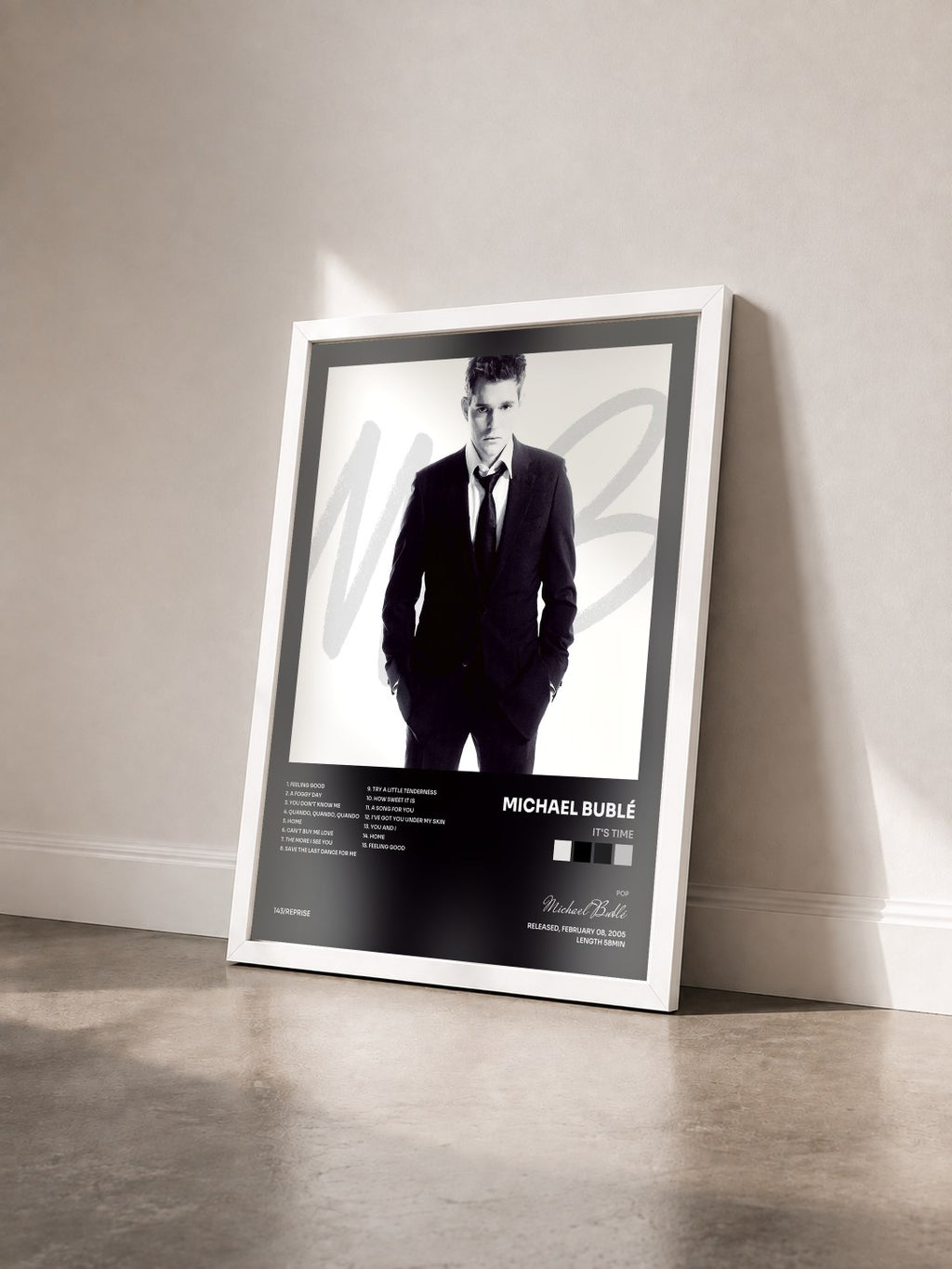 #blanc Tableau de l'album It's Time de Michael Bublé vu de trois quarts, cadre blanc