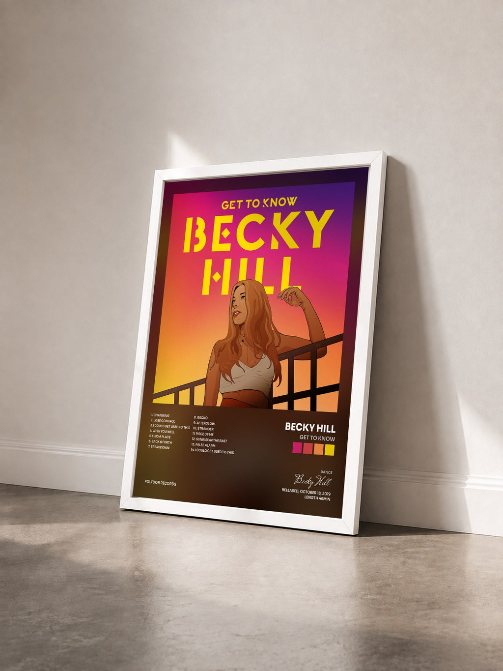 #blanc Get To Know by Becky Hill as a framed art print seen at an angle, white frame