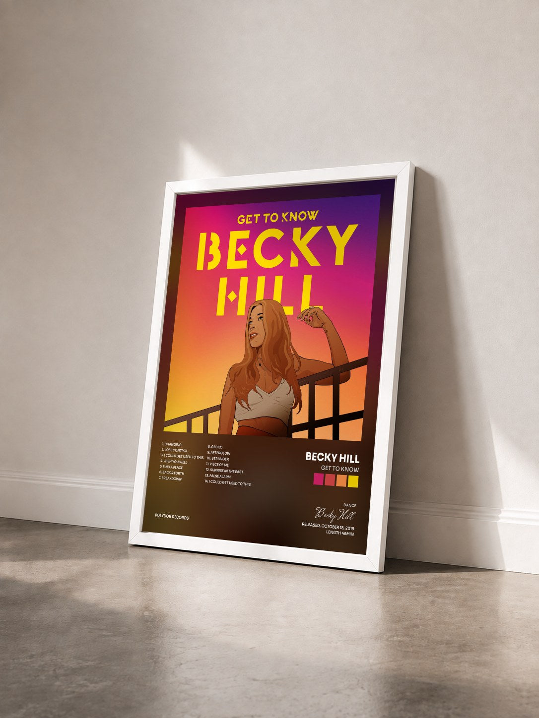 #blanc Tableau de l'album Get To Know de Becky Hill vu de trois quarts, cadre blanc