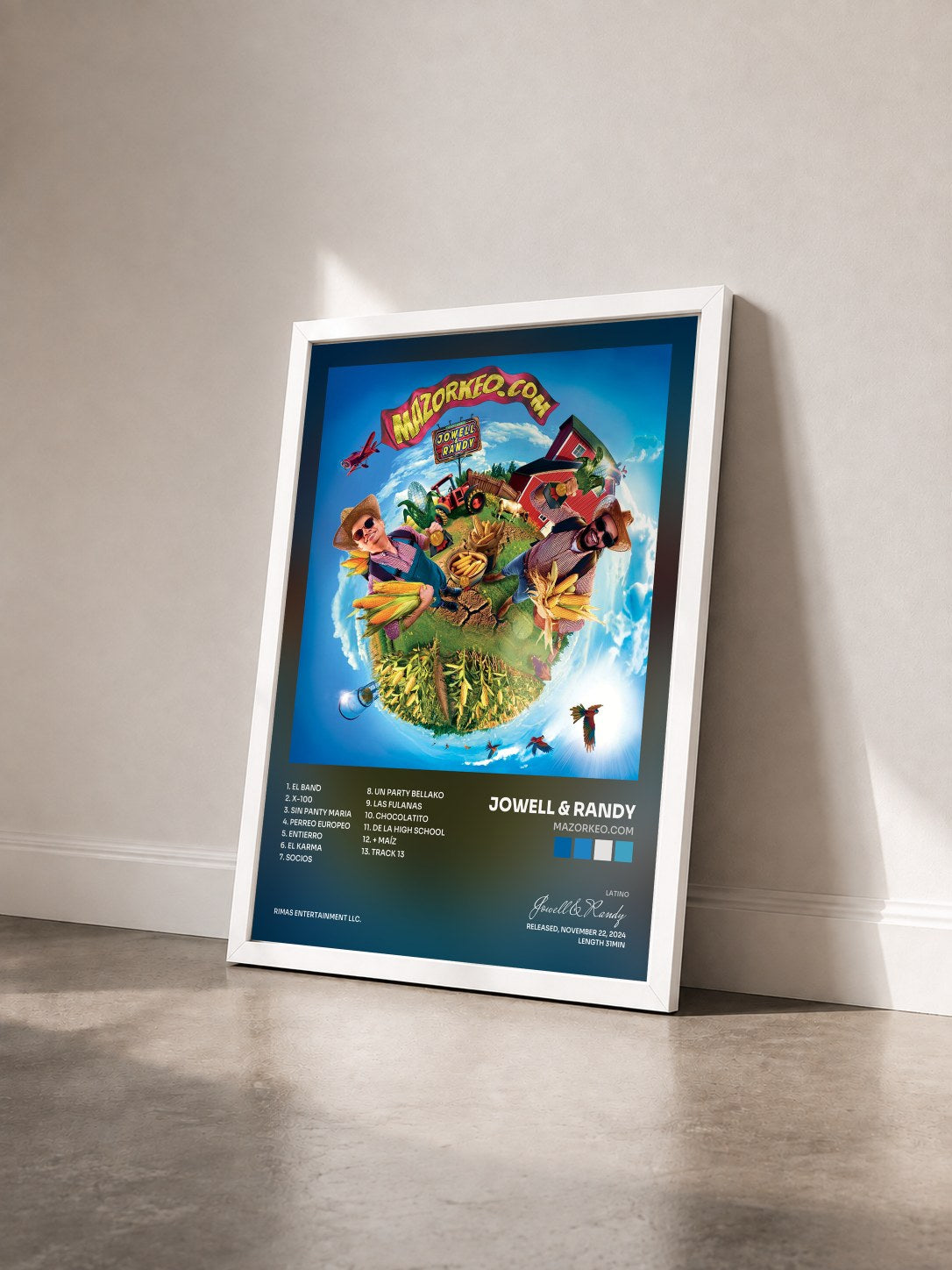 #blanc Tableau de l'album Mazorkeo.com de Jowell & Randy vu de trois quarts, cadre blanc